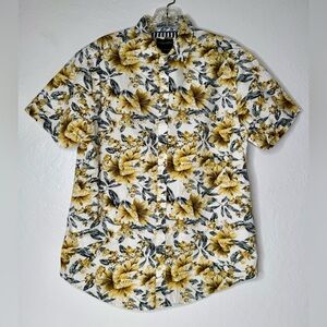 Denim & Flowers Yellow Floral Shirt Short‎ Sleeve Button Up Mens Size M Casual